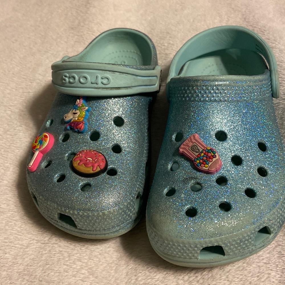 Girls Sparkly Teal Crocs